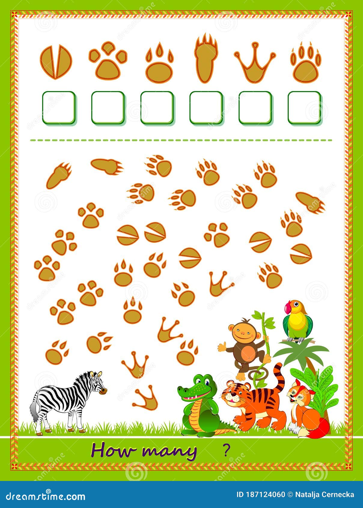Math education for children. Count quantity of tracks left by animals and write numbers. Developing counting skills