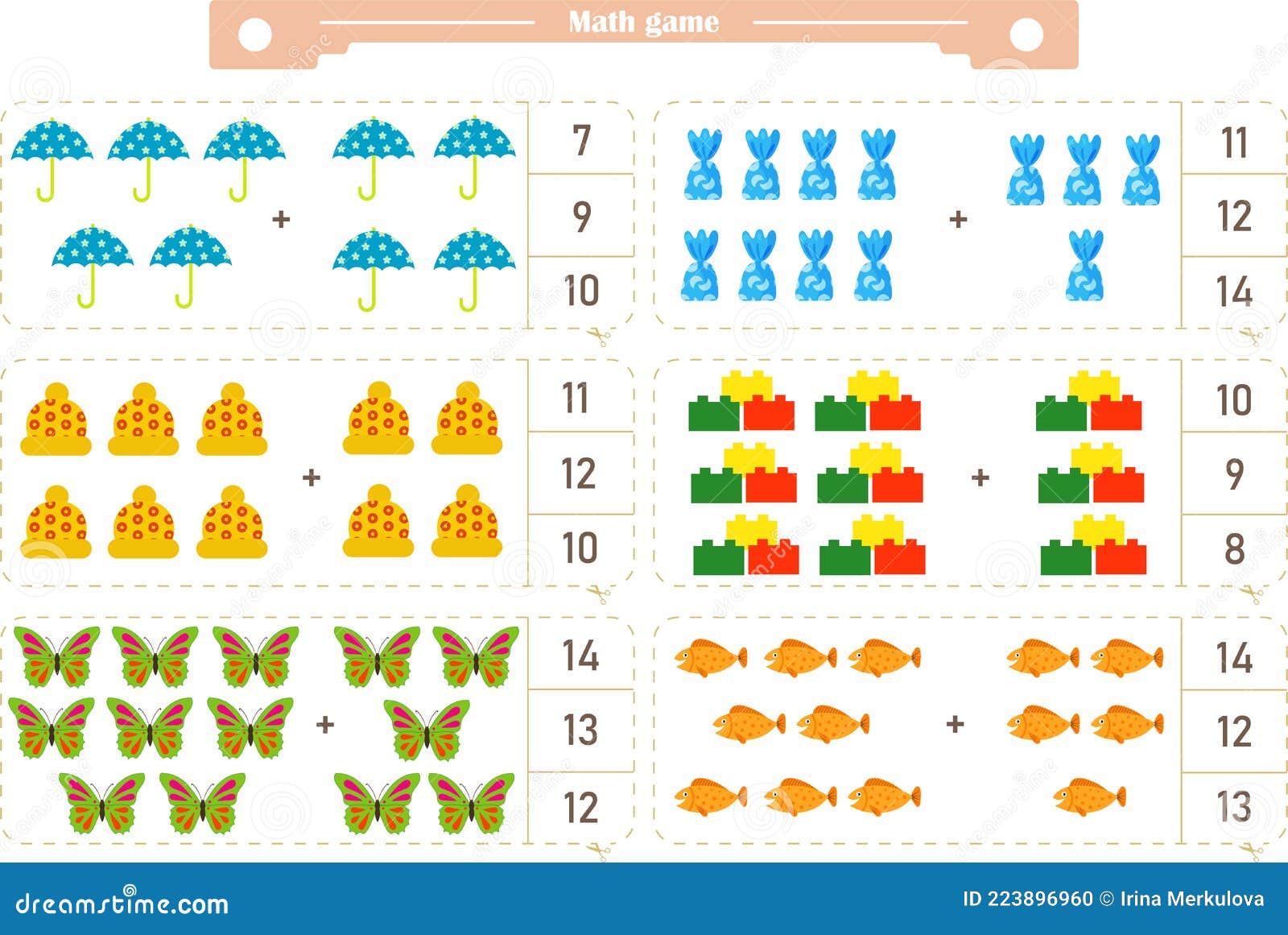 math game for children. addition. the score is 1-20. find the correct answer