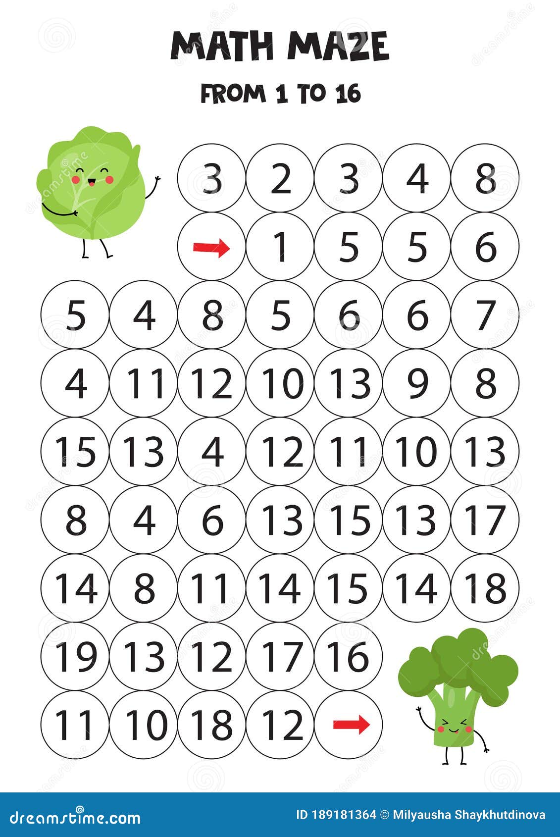 Math Game from 1 To 16. Cute Kawaii Cabbage Goes To the Kawaii Broccoli