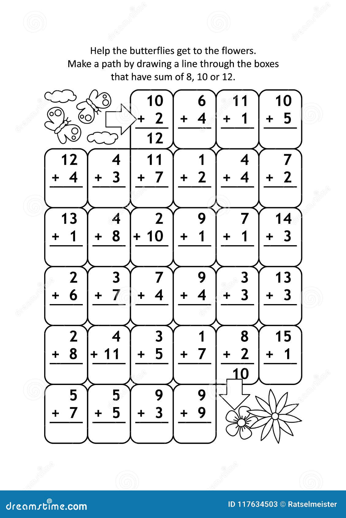 math maze with addition facts for numbers up to 20