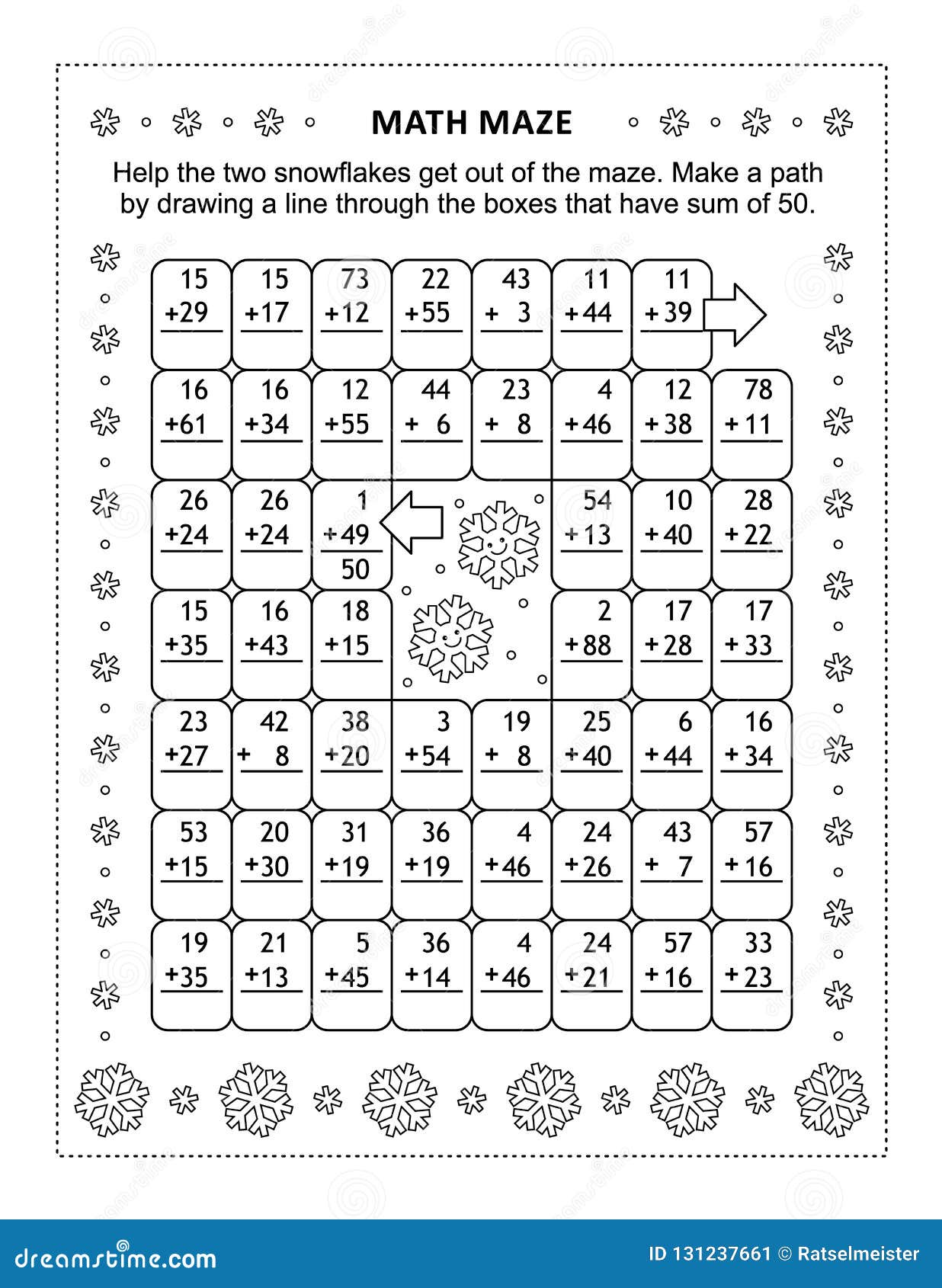 math maze with addition facts for numbers up to 50