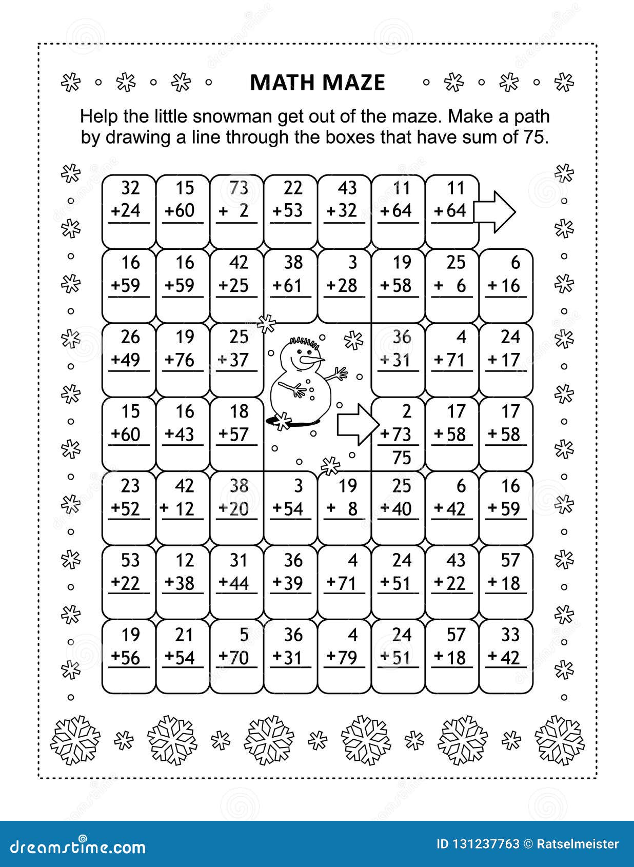 math maze with addition facts for numbers up to 75