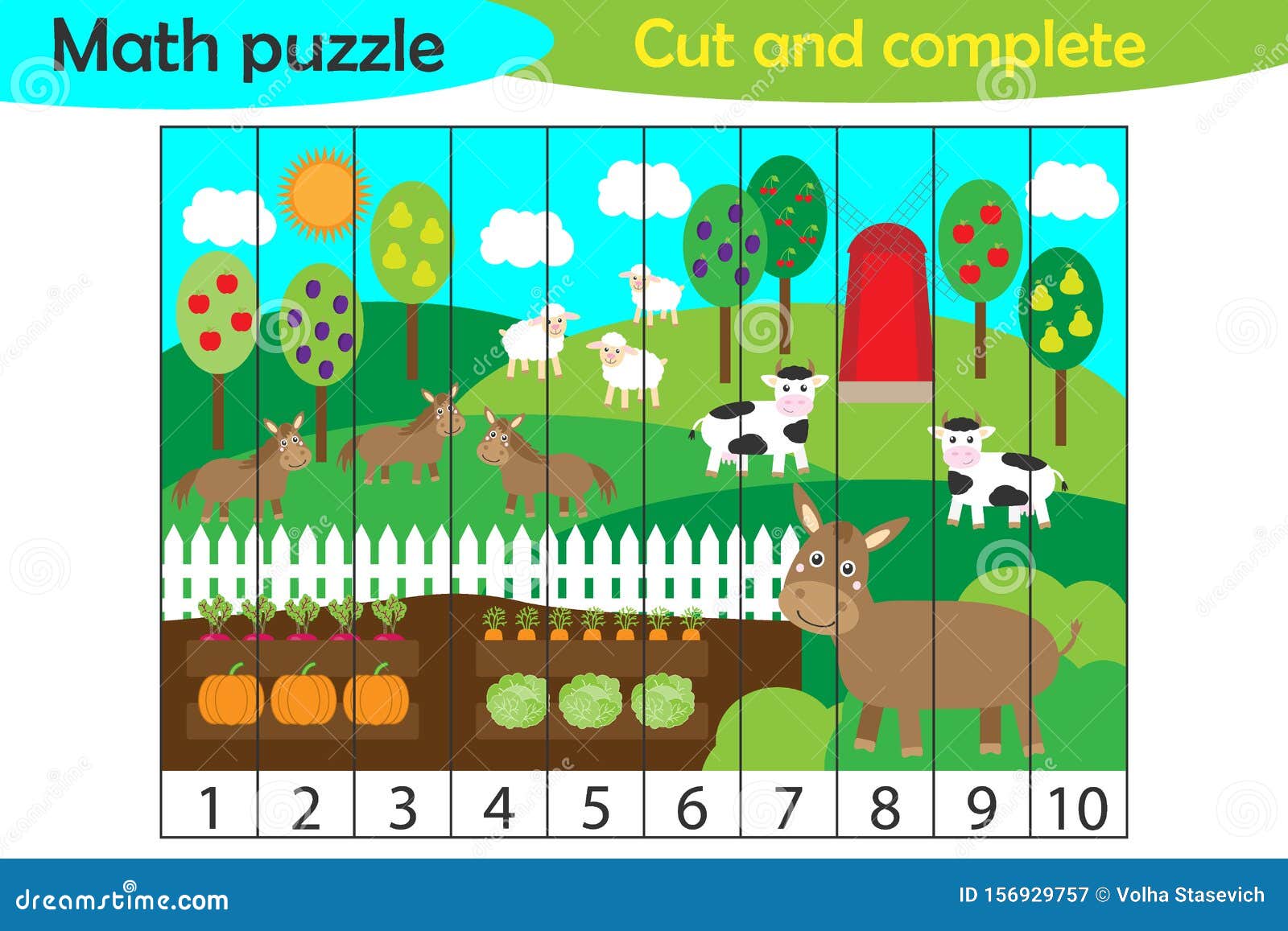 Math Puzzle, Farm Animals and Garden in Cartoon Style, Education Game for  Development of Preschool Children, Use Scissors, Cut Stock Illustration -  Illustration of kindergarten, design: 156929757