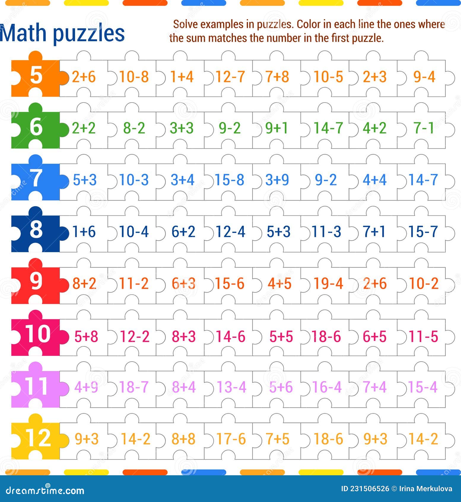 Math Puzzle Game. Solve the Examples in the Jigsaw Puzzles Stock