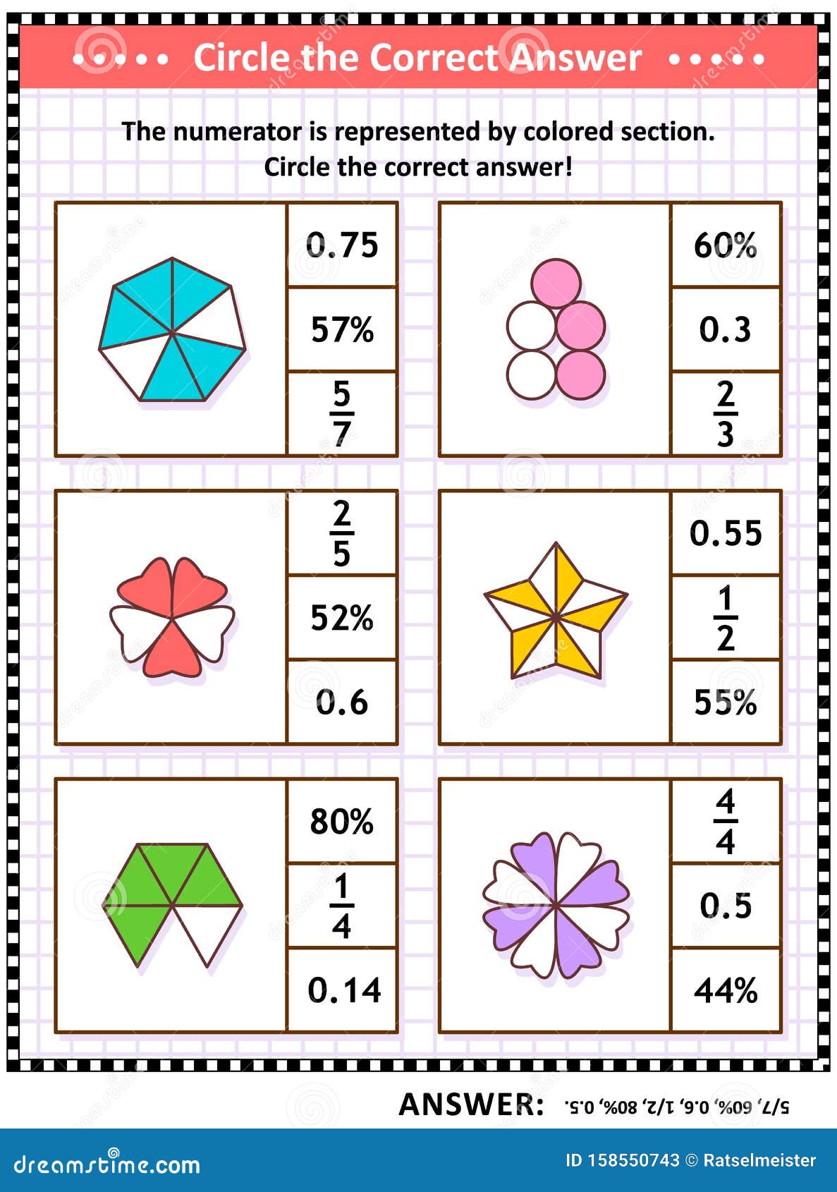 Math Puzzle, Worksheet Or Task Cards To Learn And Practice Fractions, Decimals, Percentage Stock Vector - Illustration Of Includedn, Answer: 158550743