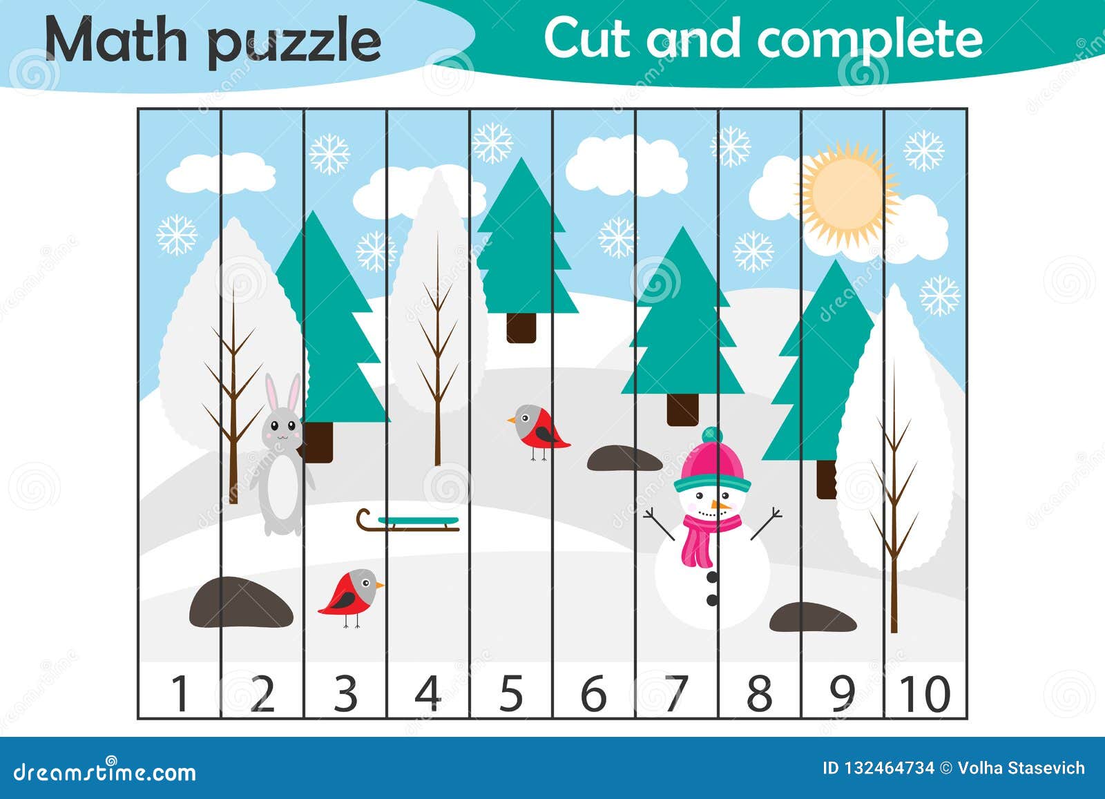 math puzzle, xmas picture with snowy forest in cartoon style, education game for development of preschool children, use scissors,