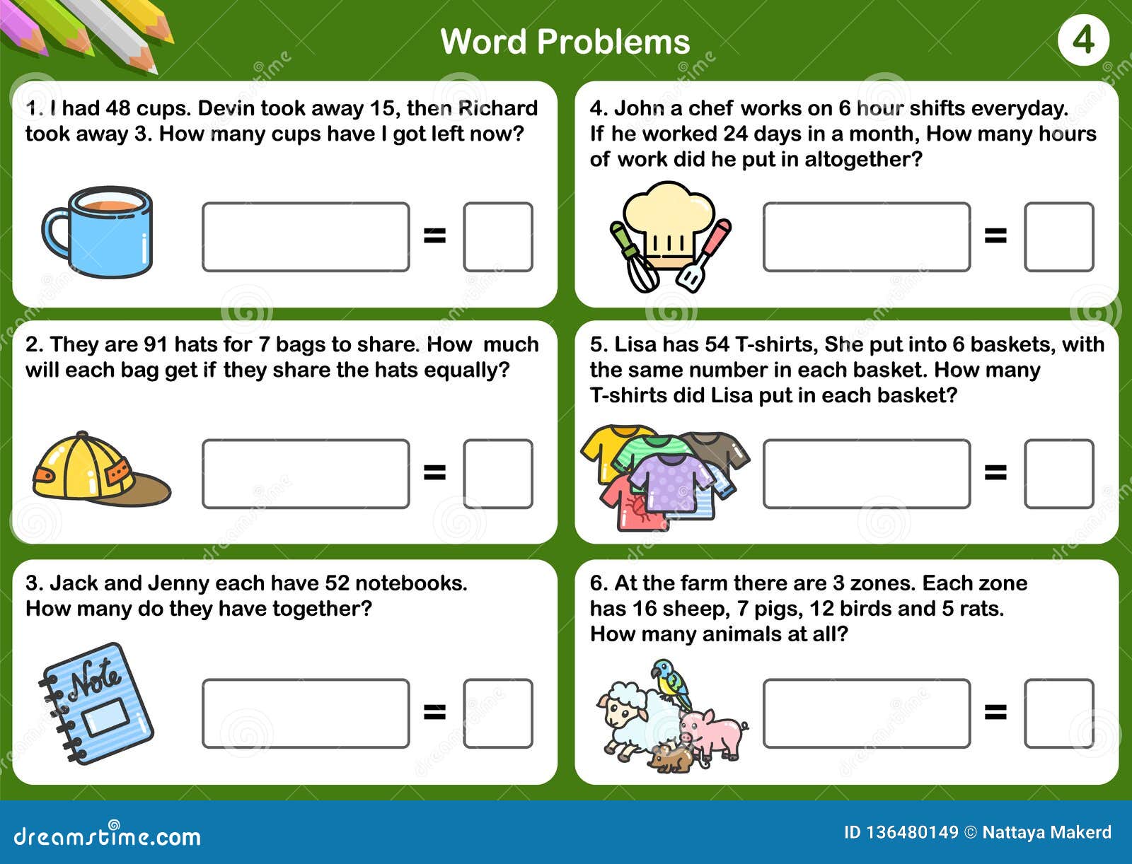 Math Word Problem Worksheets - Sheet For Exam And Testing. Stock Vector - Illustration Of Question, Reading: 136480149