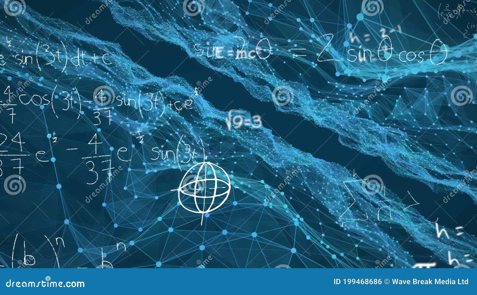 Mathematical Equations Floating Against Digital Wave on Blue Background ...