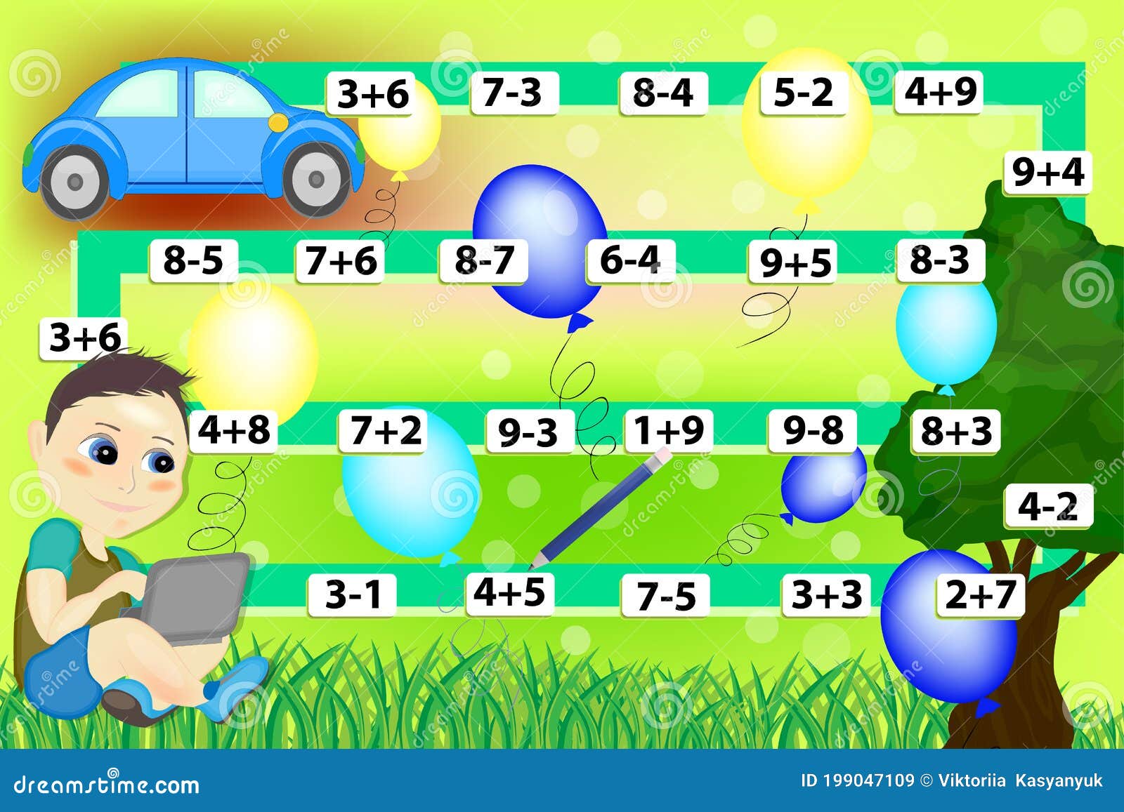Mathematical Game with Boy and Car. Educational Games for Kids Stock