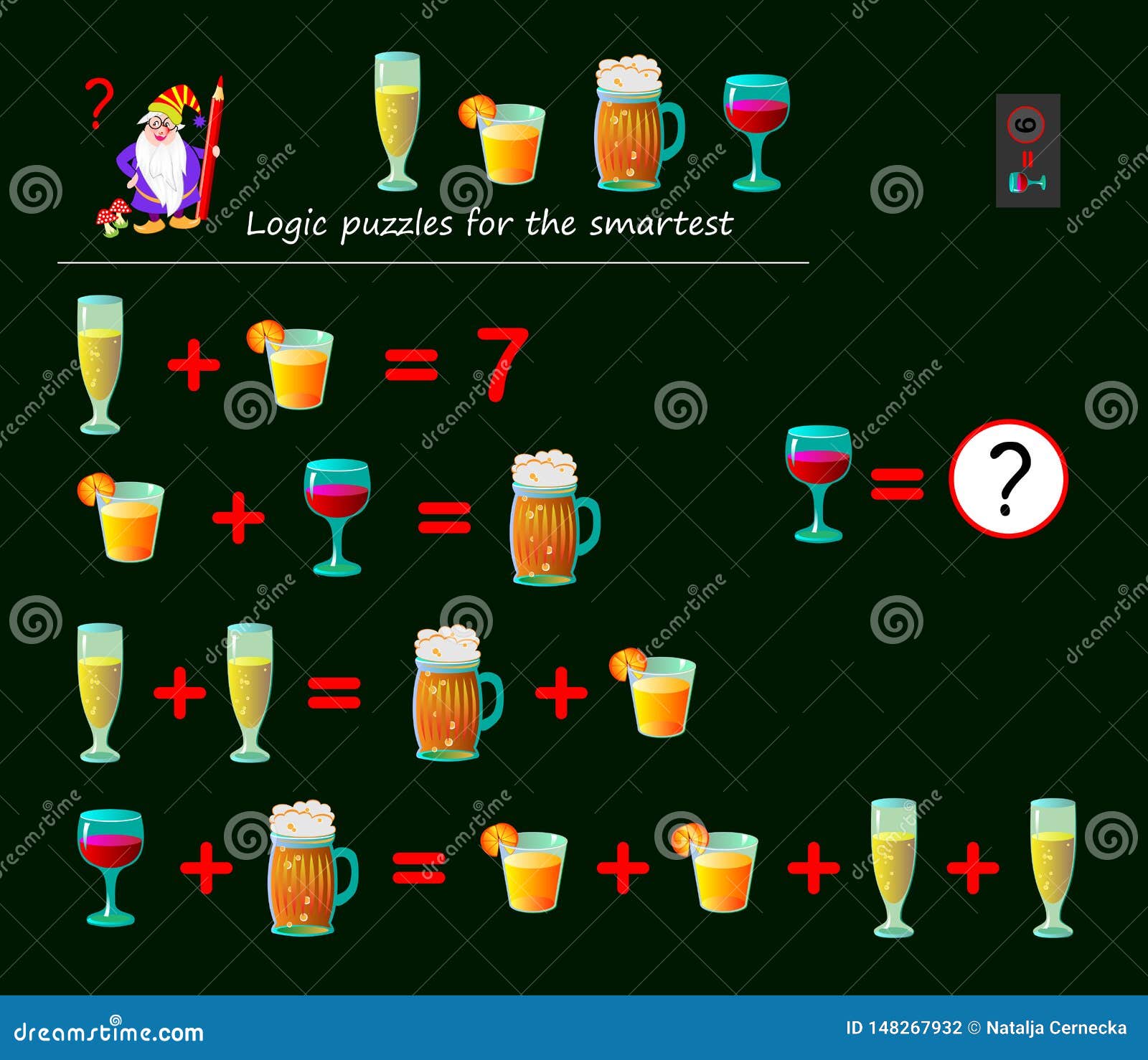 mathematical logic puzzle game for smartest. solve examples and count which of numbers corresponds to each of drink.