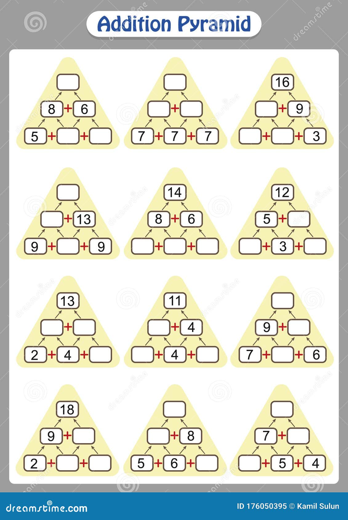 maths pyramids, complete the missing numbers, math worksheet for kids.