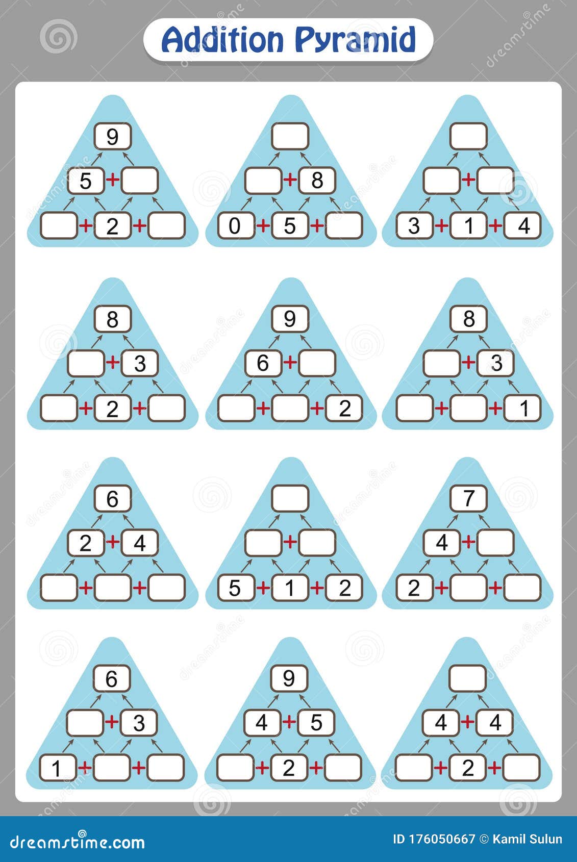 maths-pyramids-complete-the-missing-numbers-math-worksheet-for-kids-royalty-free-stock