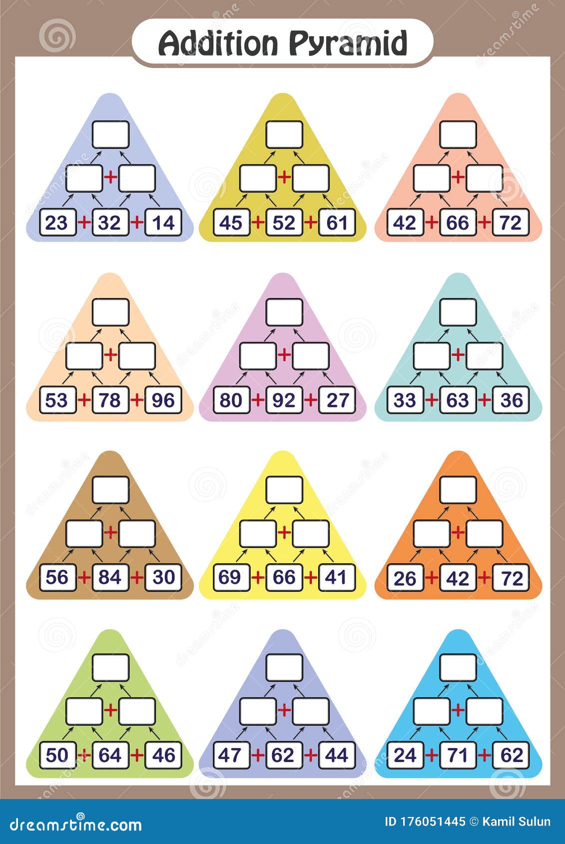 maths-pyramids-complete-the-missing-numbers-math-worksheet-for-kids-stock-illustration