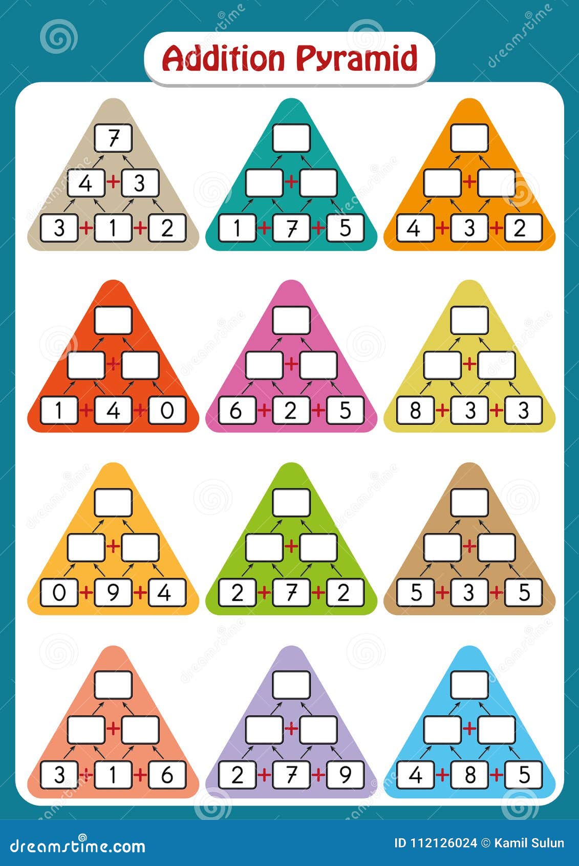 maths pyramids for mental maths practice, complete the missing numbers, math worksheet for kids