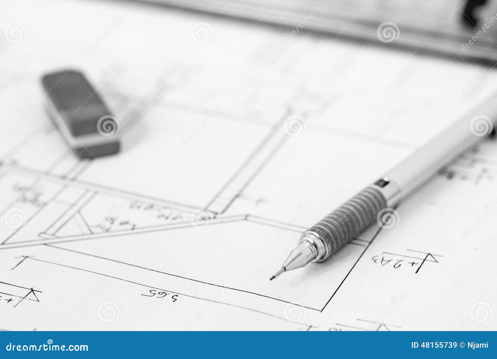 Matita E Gomma Meccaniche Sul Disegno Tecnico Immagine Stock