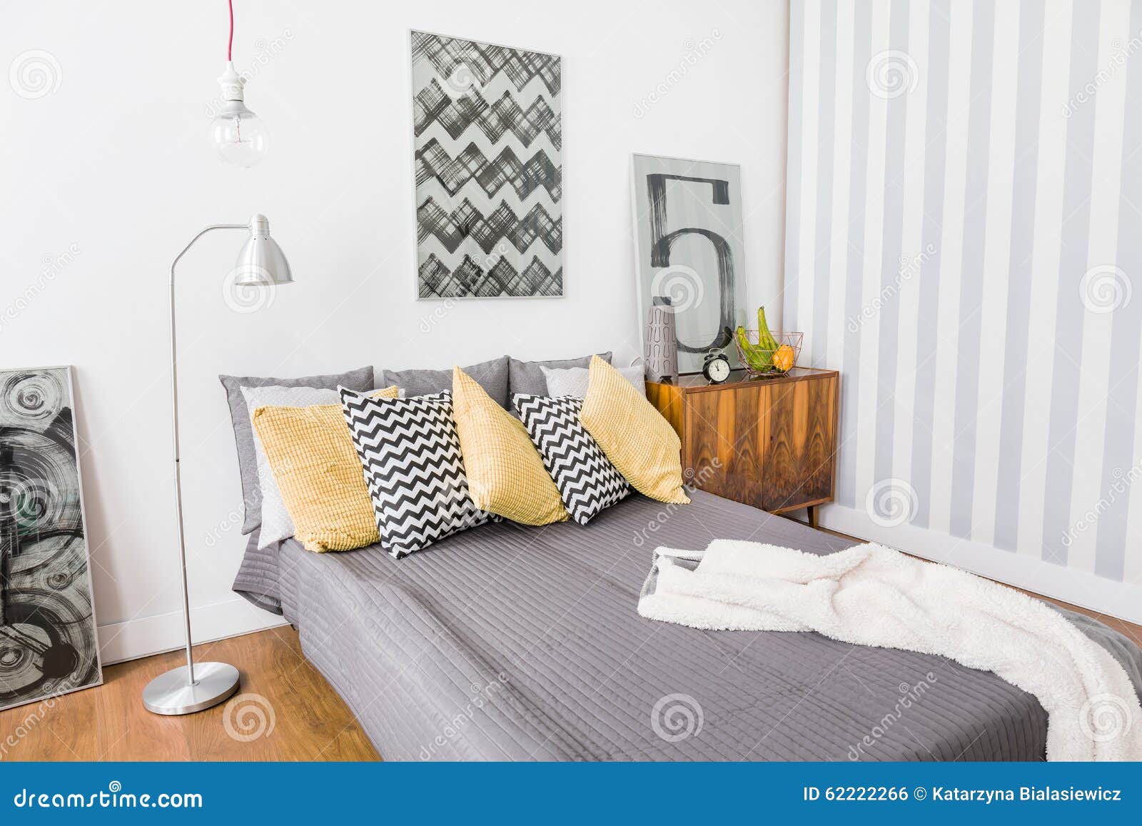 Matrimonial Bed with Grey Bedding Stock Photo Image of comfortable, comfort 62222266