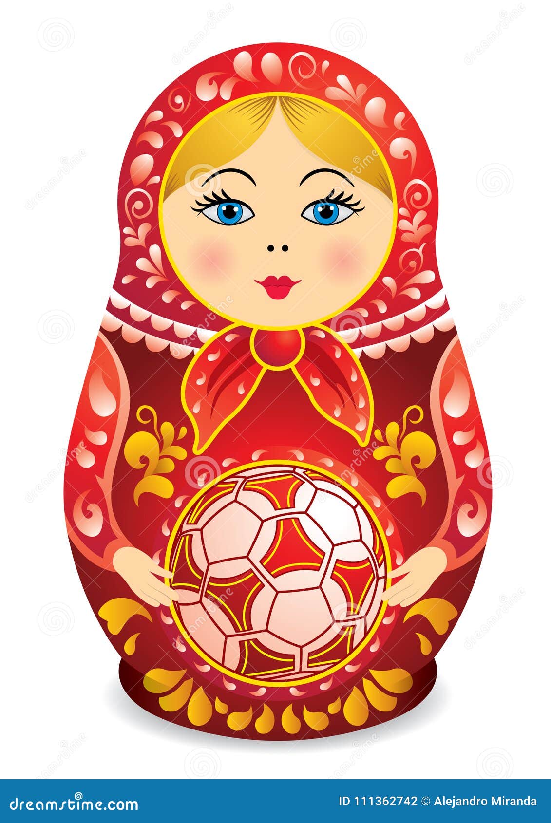 Matryoshka的图画在红色和黄色藏品一个足球在她的手上亦称matryoshka玩偶俄国嵌套玩偶向量例证 插画包括有花卉 体育运动