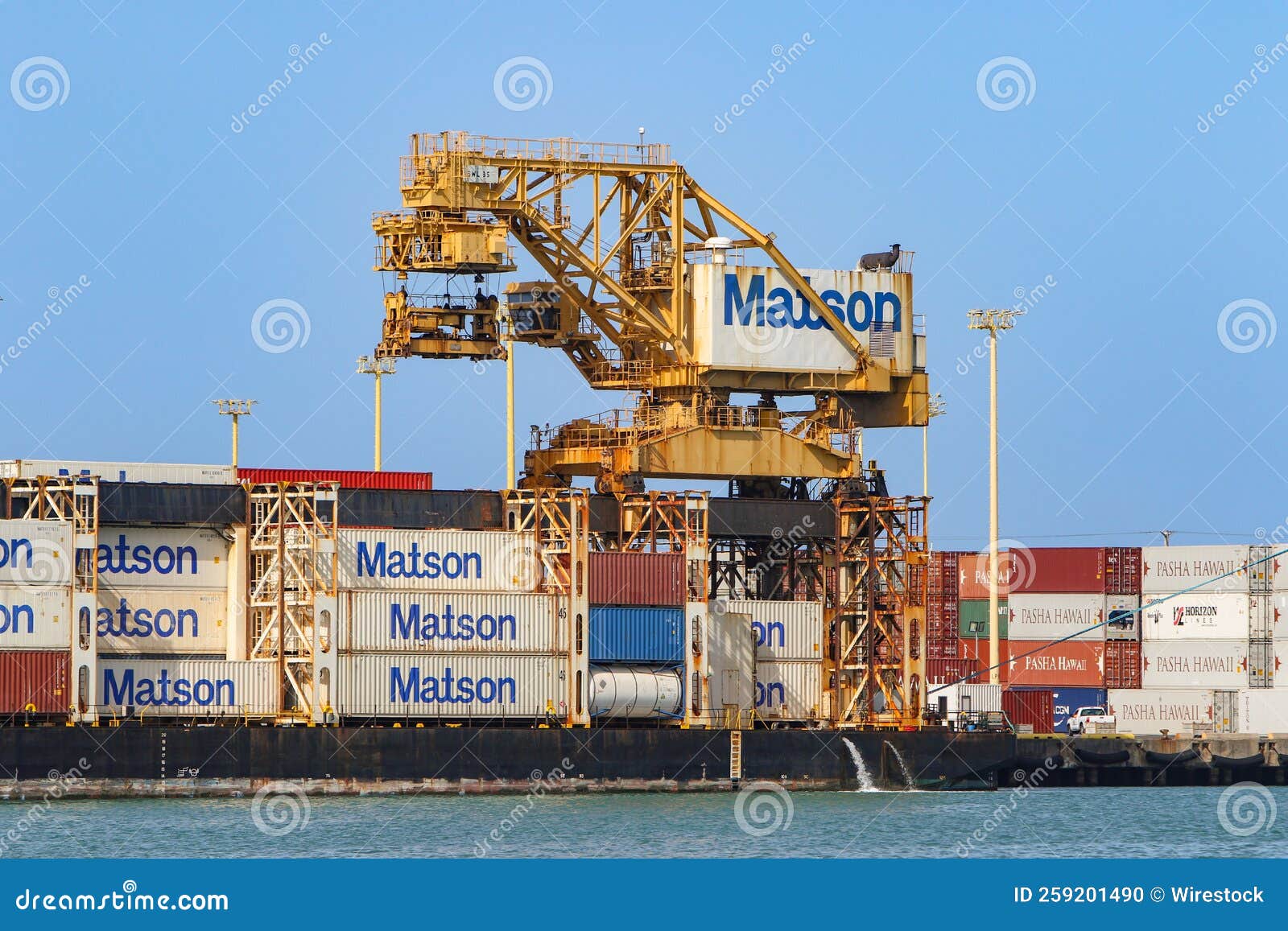 Matson Offloading Cargo Docking Station in Hawaii with Ships, Clear Sky