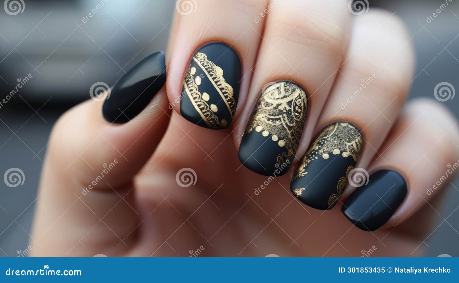 Matte Black Manicure with Accent Gold Pattern Stock Illustration ...