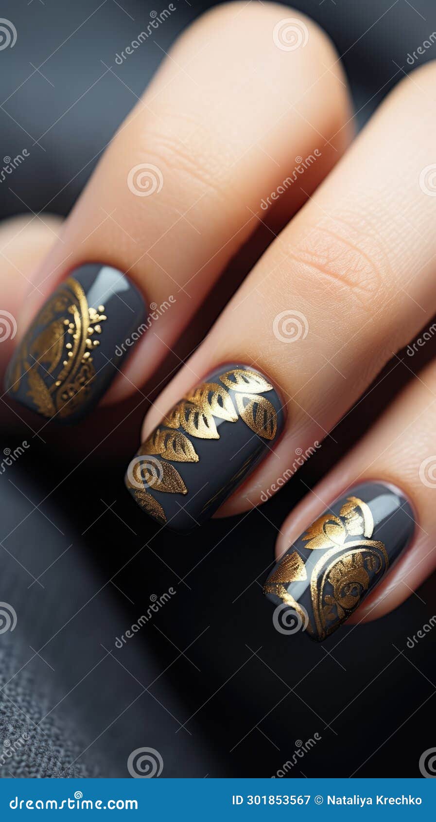 Matte Black Manicure with Accent Gold Pattern Stock Illustration ...