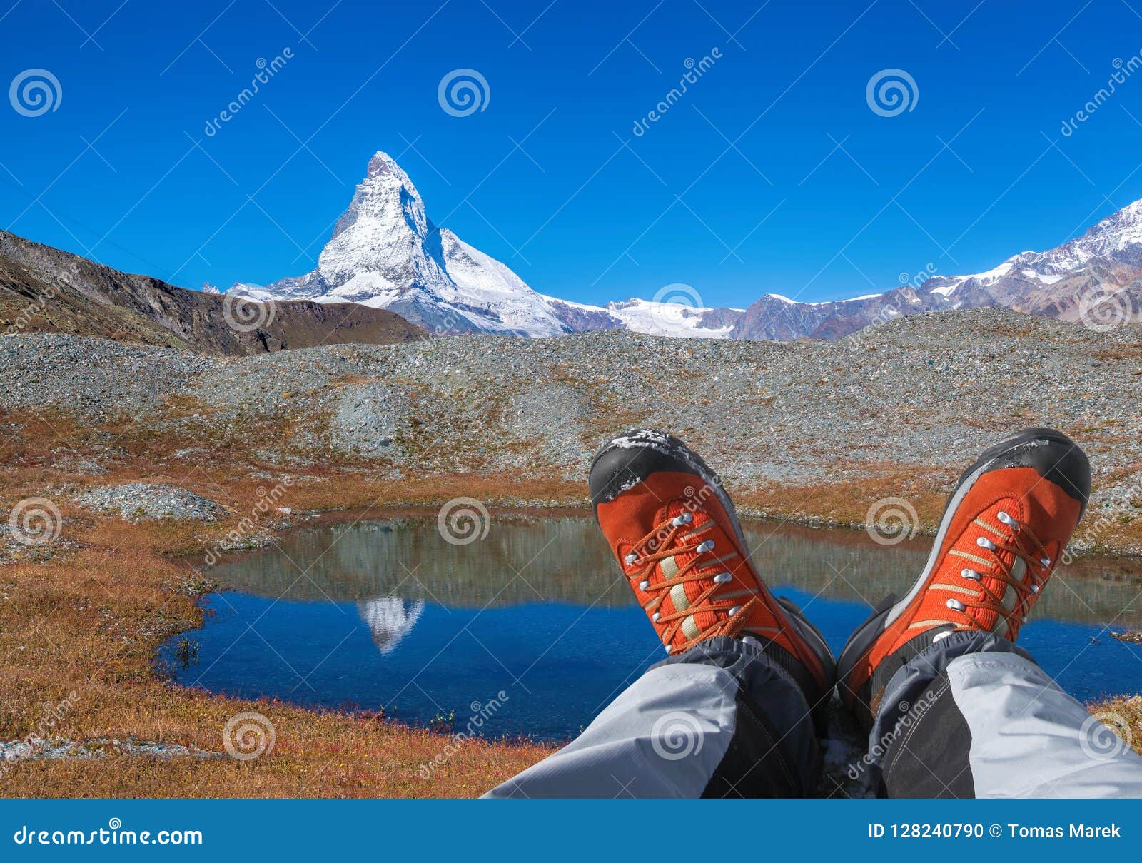Matterhorn Peak with Hiking Boots in Swiss Alps. Stock Photo Image of grindjisee, skiing