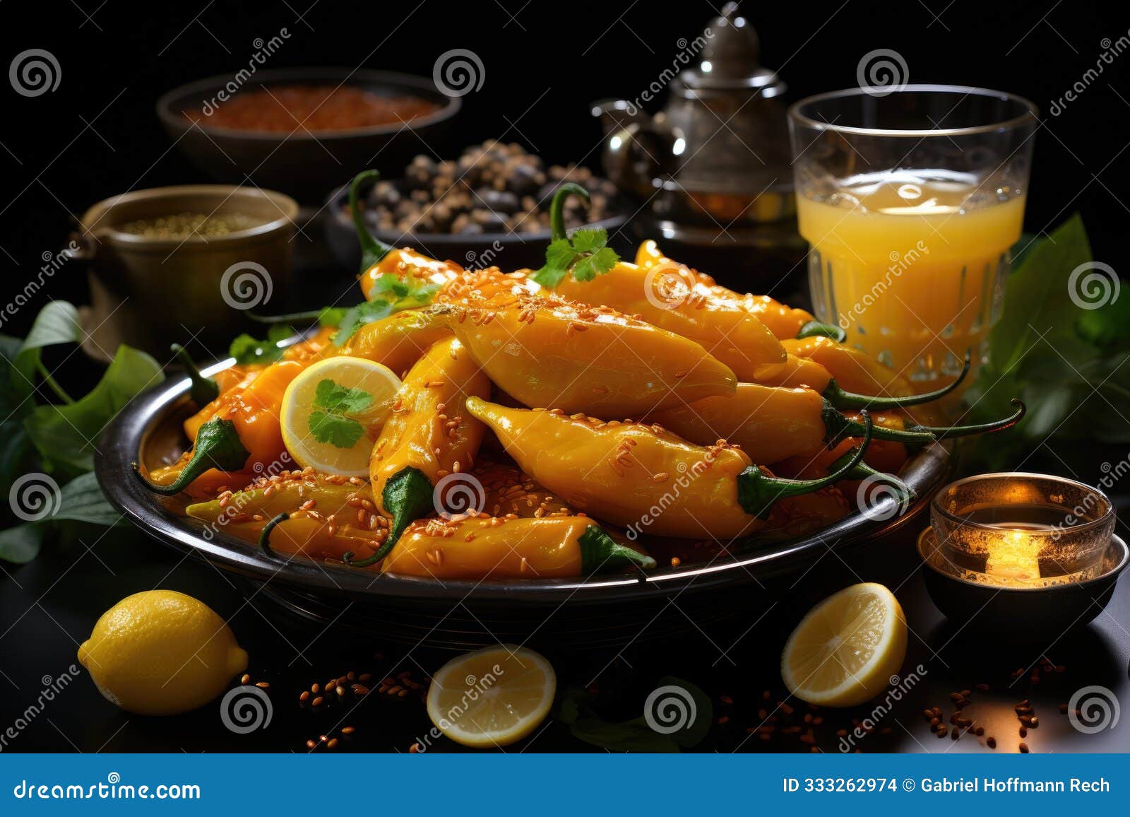 matura spicy food meal with front view of yellow peppers in white back