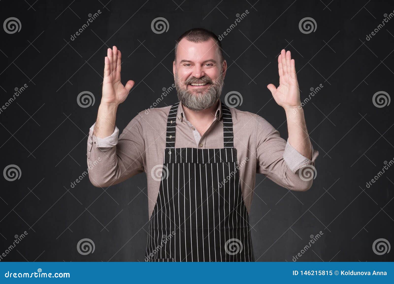 Mature Bearded Man In Apron Bragging About The Big Size Of Something Stock Image Image Of 