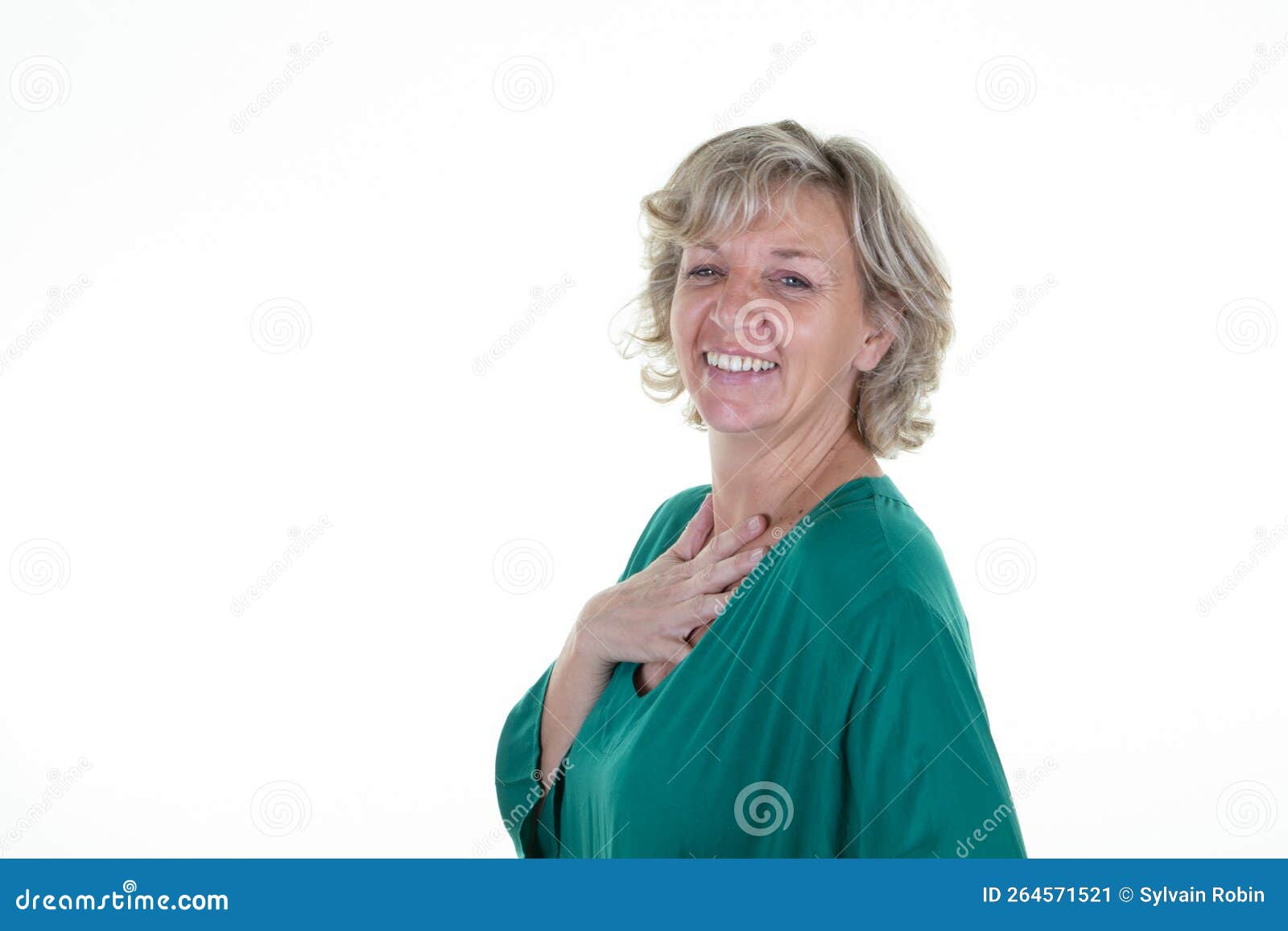 Mature Blond Casual Senior Woman Style Portrait Hand on Green Shirt in