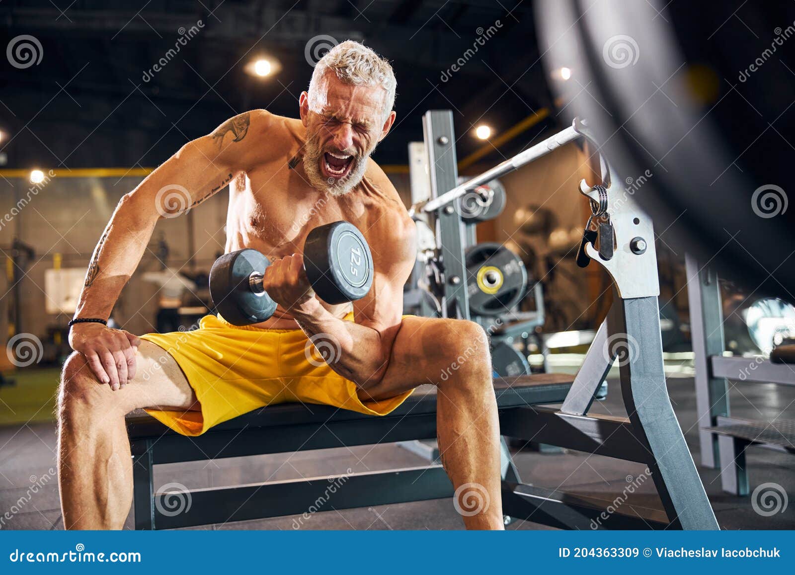 Mature Bodybuilder Yelling during the Weight-lifting Exercise Stock ...