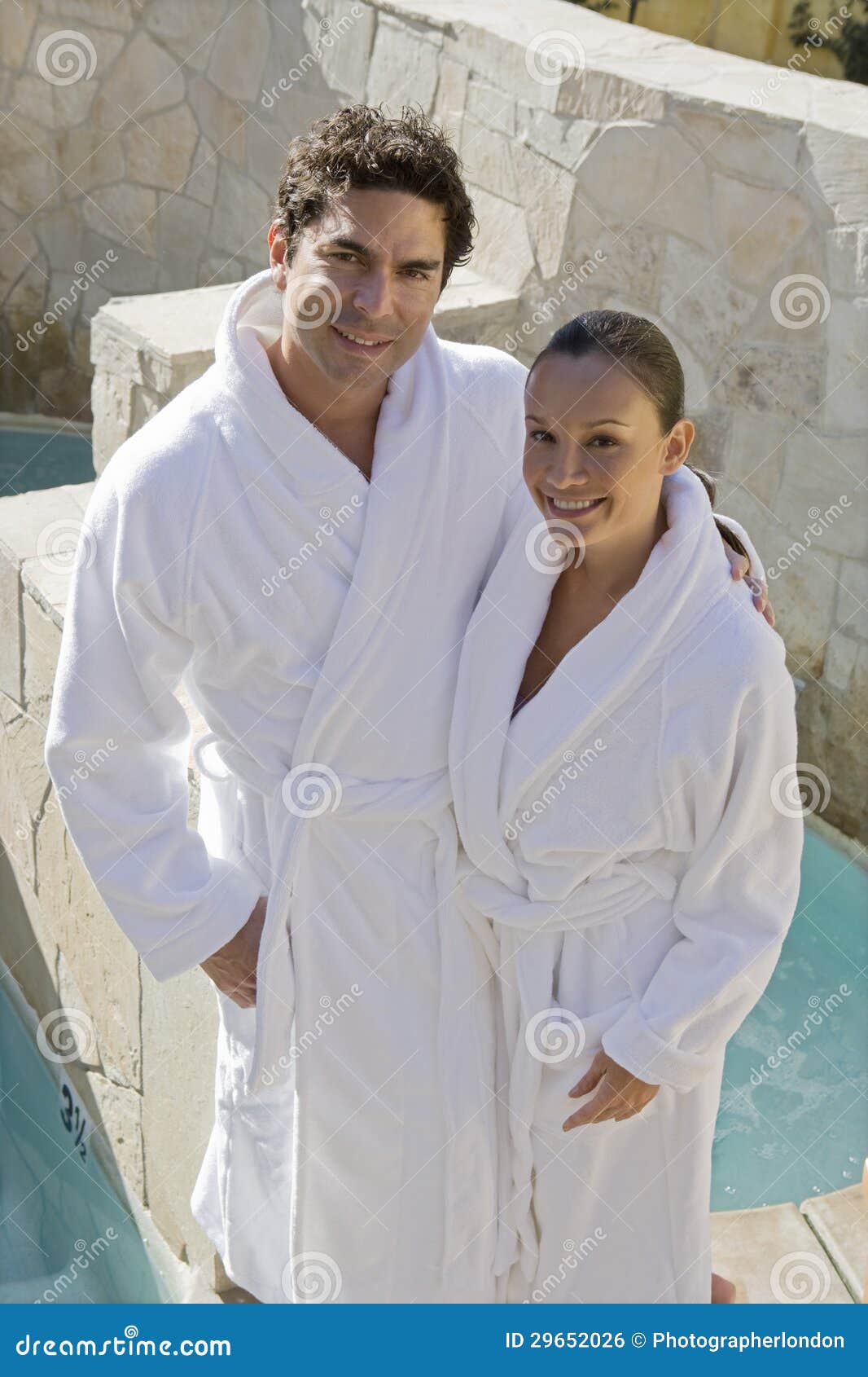 Mature Couple in Bathrobe Standing by Pool Stock Photo Image of