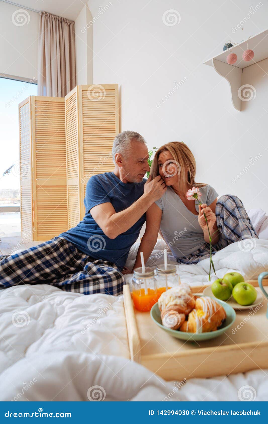 Mature Couple Enjoying Romantic Morning Having Breakfast in Bed ...