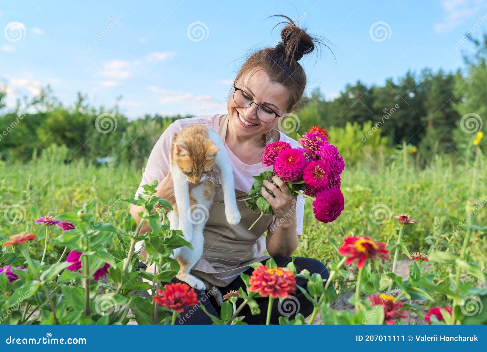 Mature Happy Woman With Domestic Cat And Fresh Zinnia Flowers Bouquet Stock Image Image Of Pretty Outside 207011111