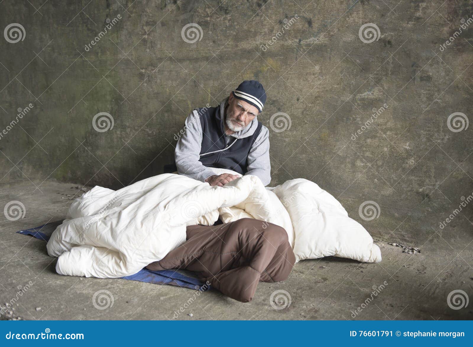 Mature Homeless Man Sitting In Old Blankets Outdoors Stock Image Image Of Sleeping