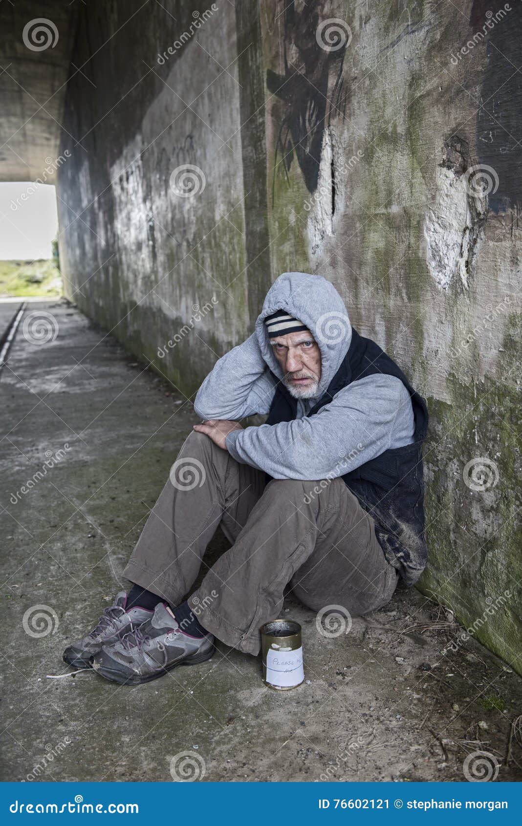 Mature Homeless Man Sitting Outdoors With A Tin Stock Image Image Of Bearded Urban 76602121