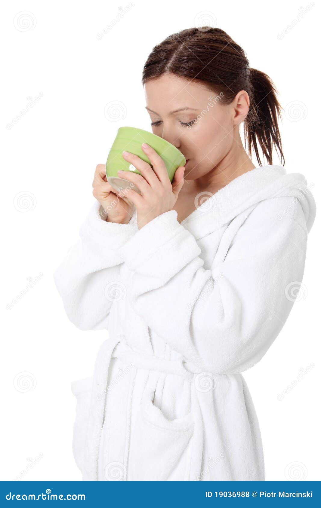 Mature Lady in Bathrobe Drinking from Mug Stock Photo Image of coffee