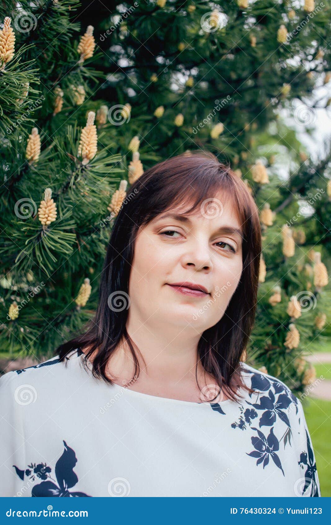 Mature Real Fat Brunette Woman in Green Spring Park, Lifestyle Concept ...