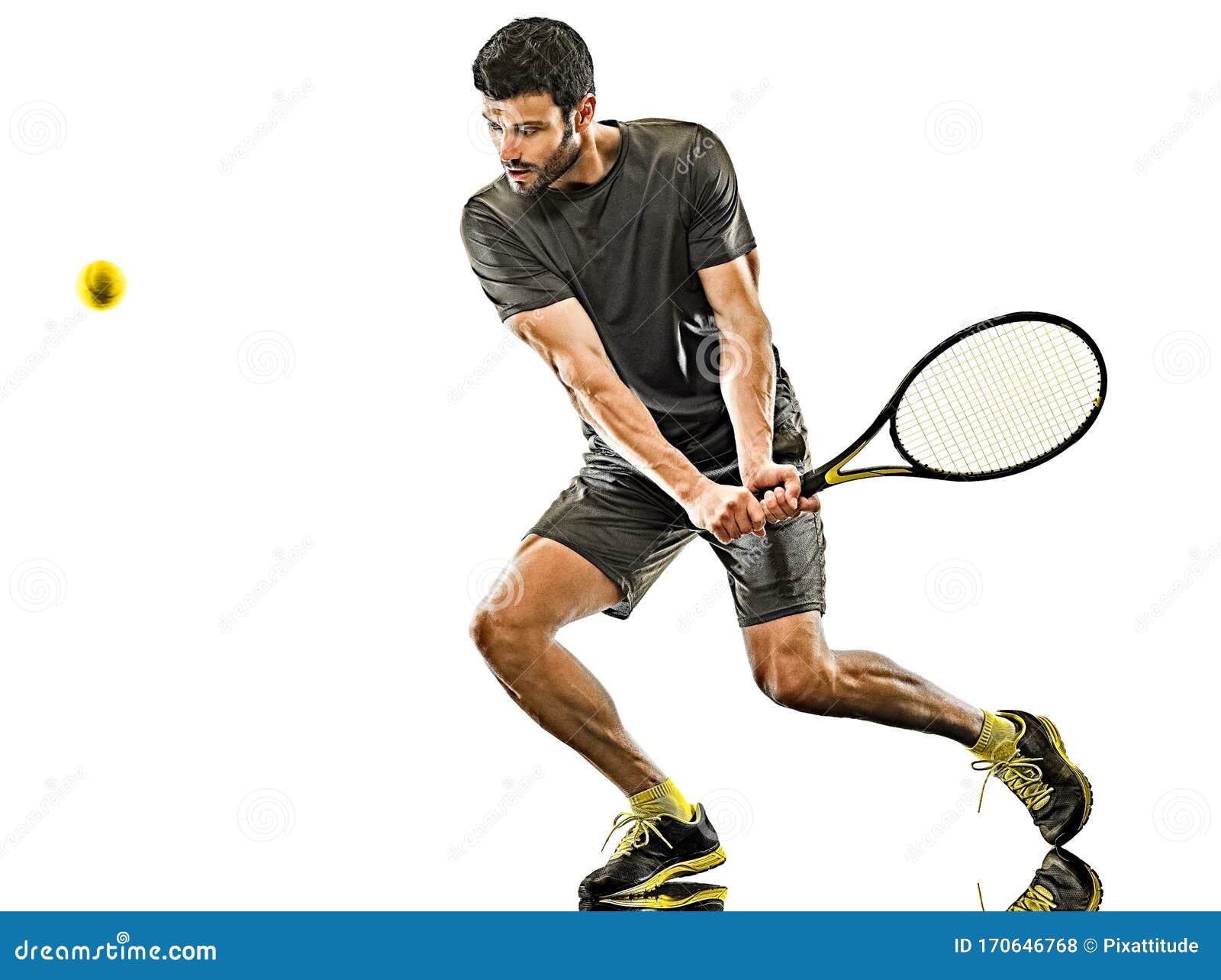 mature tennis player man backhand  white background