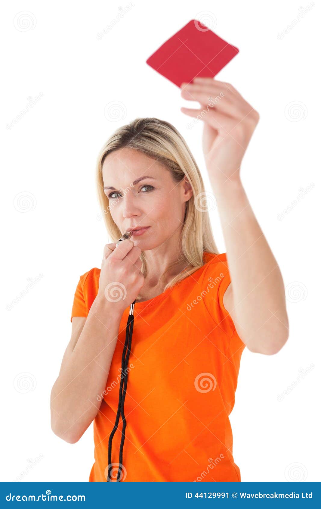 Mature Woman Blowing Whistle And Holding Red Card Stock Image Image