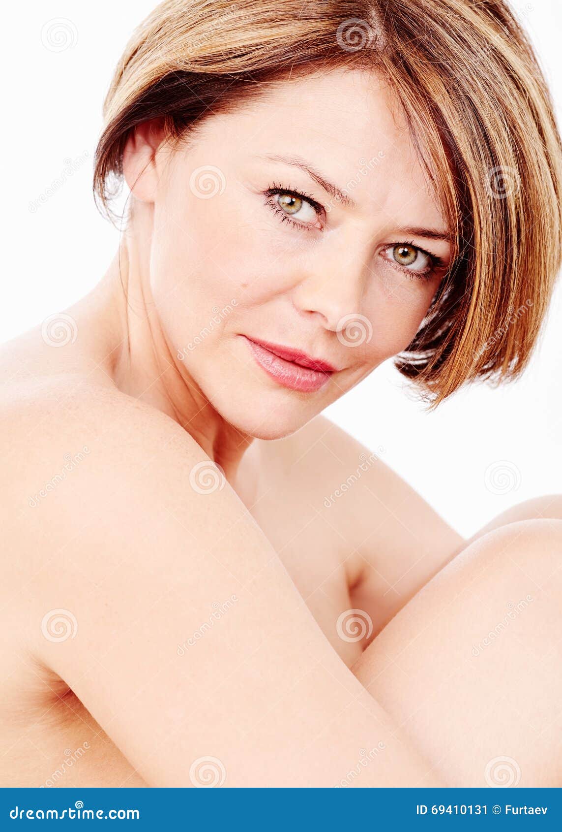Mature Woman Portrait Close Up Beautiful Middle Aged Short Brown Hair Red Lips Fresh Makeup Looking Stock Photos picture