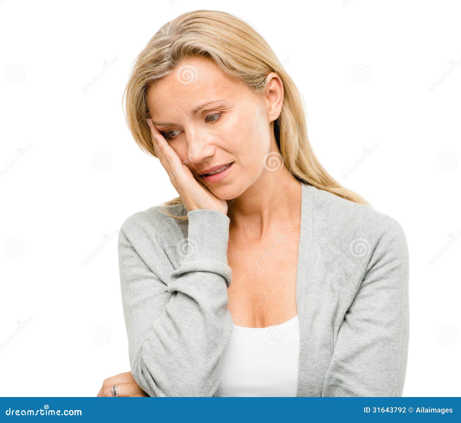 mature woman worried about the future  on white background