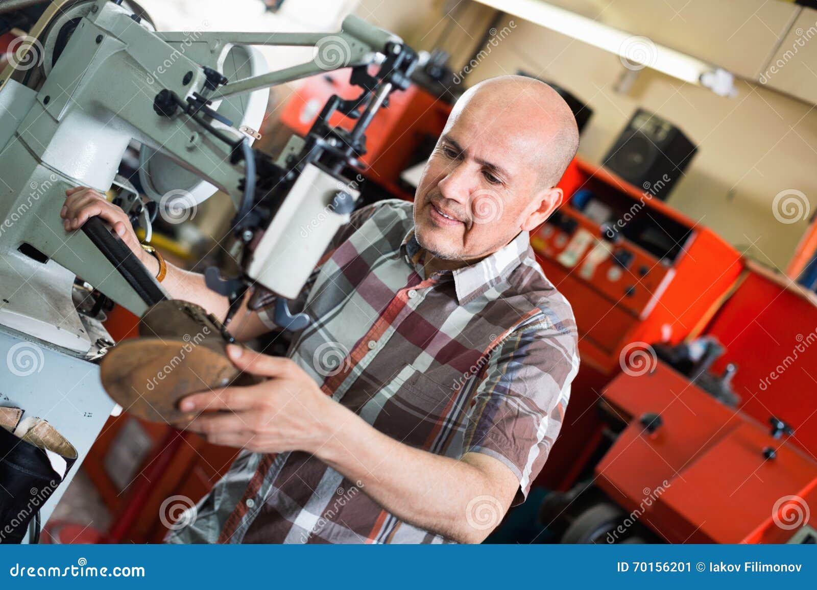 Mature Workman Sewing Leather Boots on Stitch Lathe Stock Image Image