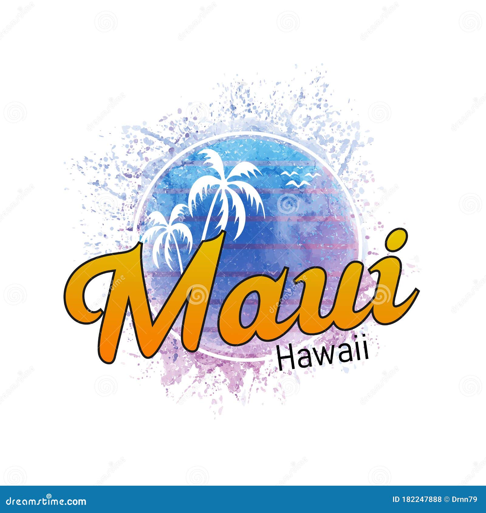 Maui Hawaii Surf Logo Watercolor Splash Banner And Sunset Stock Vector