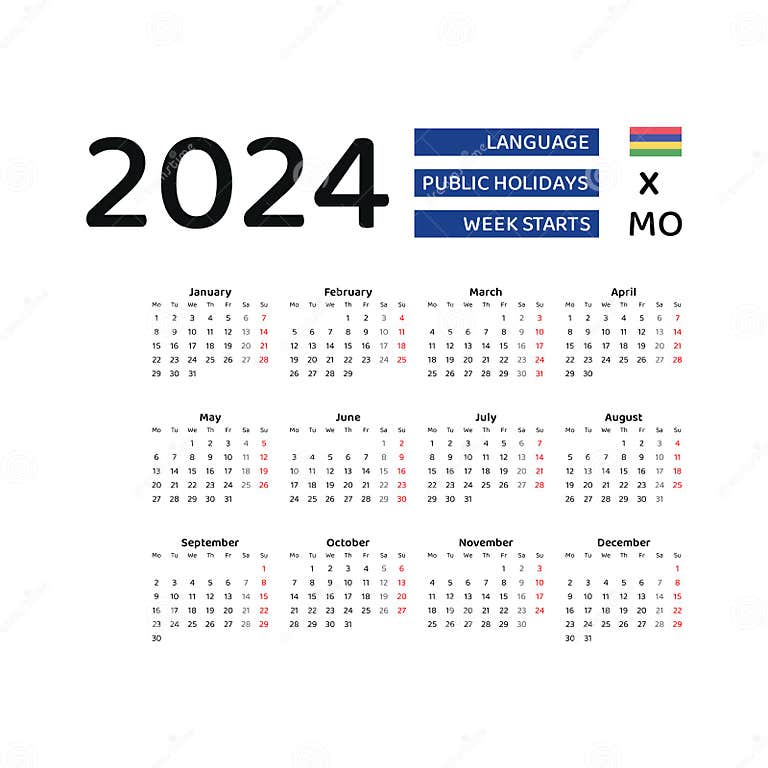 Mauritius Calendar 2024. Week Starts from Monday. Vector Graphic Design