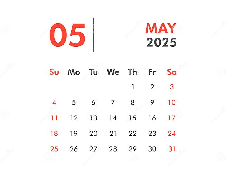 May Calendar Template for 2025 Year Stock Vector Illustration of