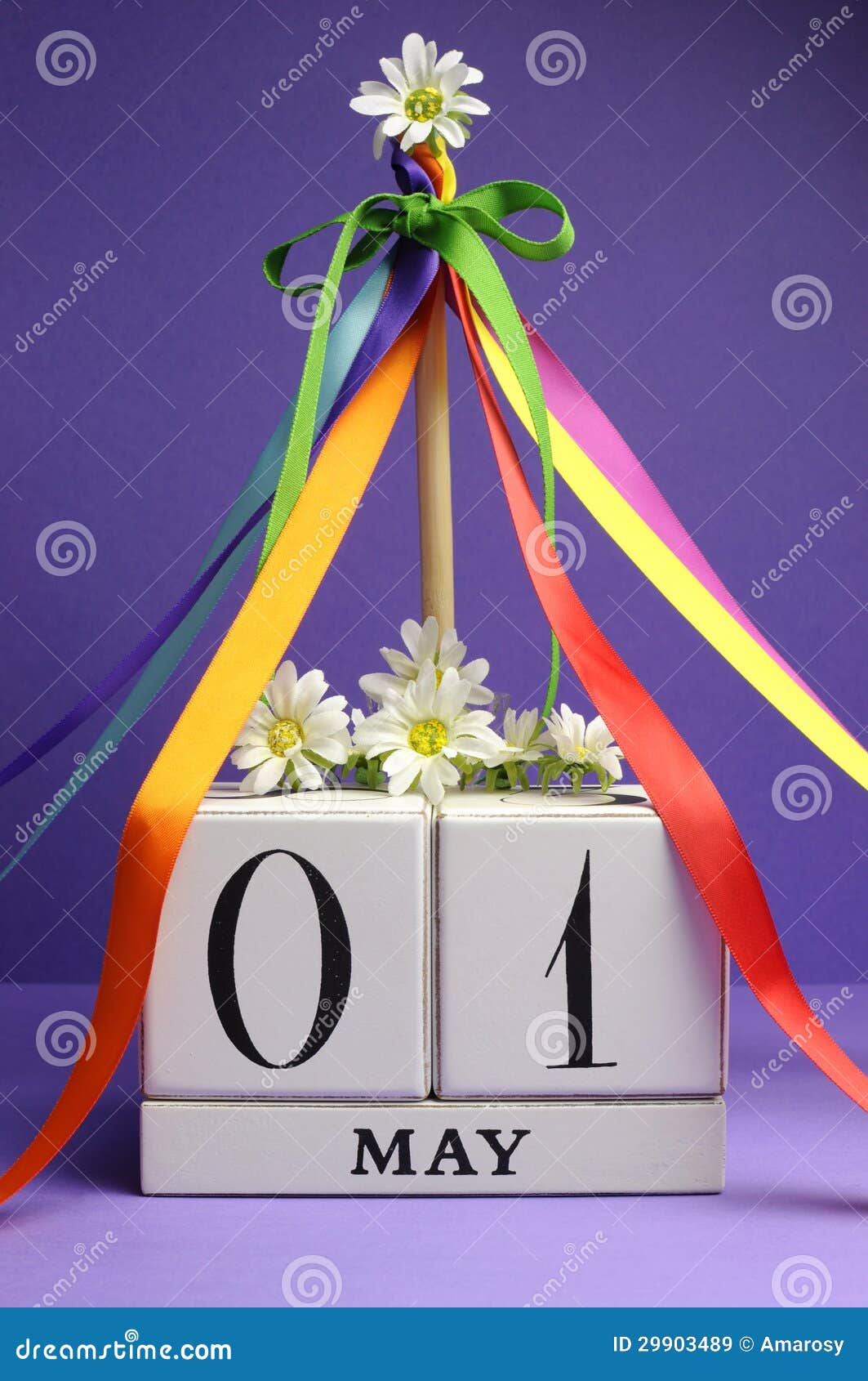 may day, may 1, calendar with maypole and multi color ribbons