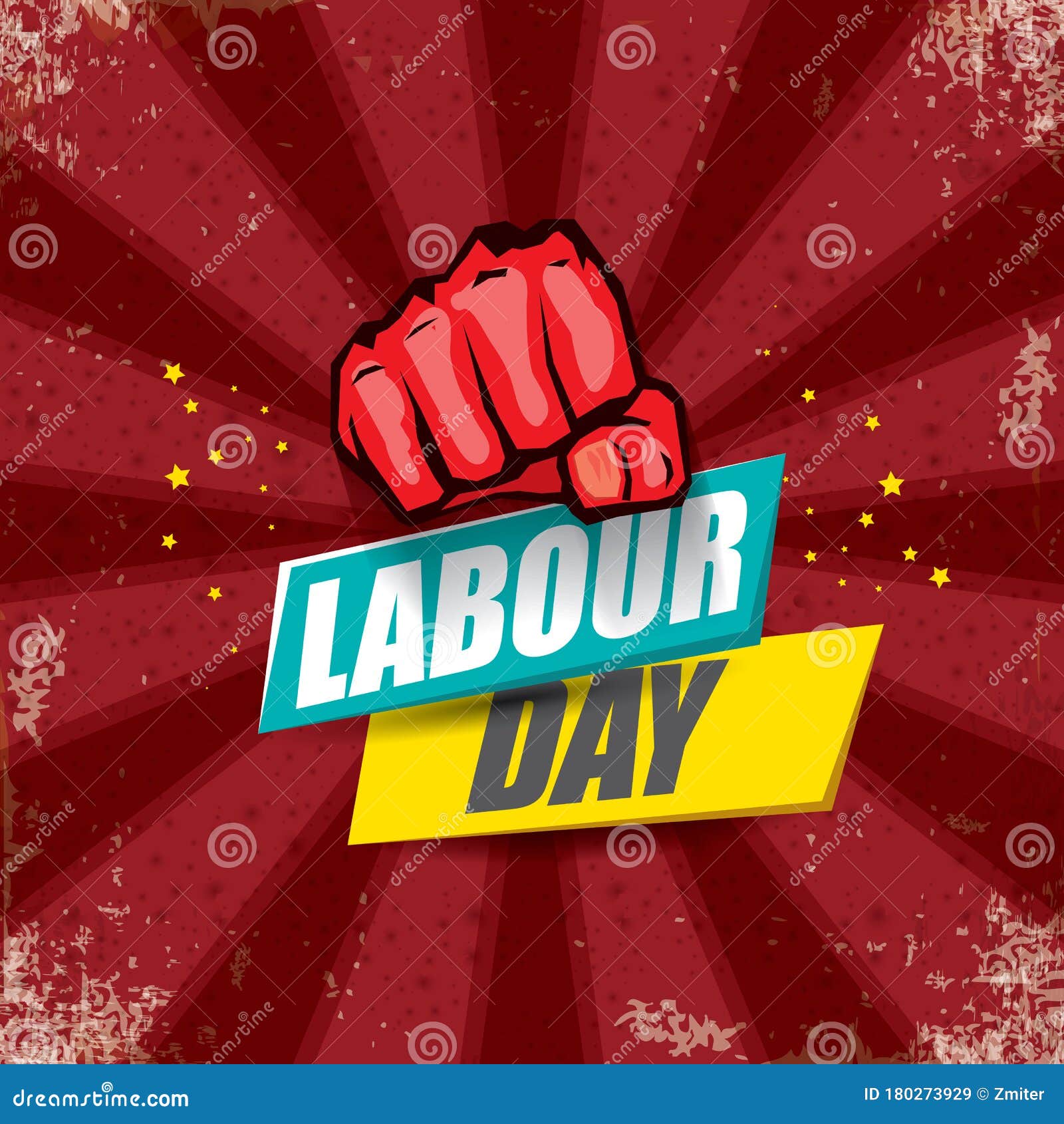1 may happy labour day  label with strong protest fist in the air on bintage red background with rays. 