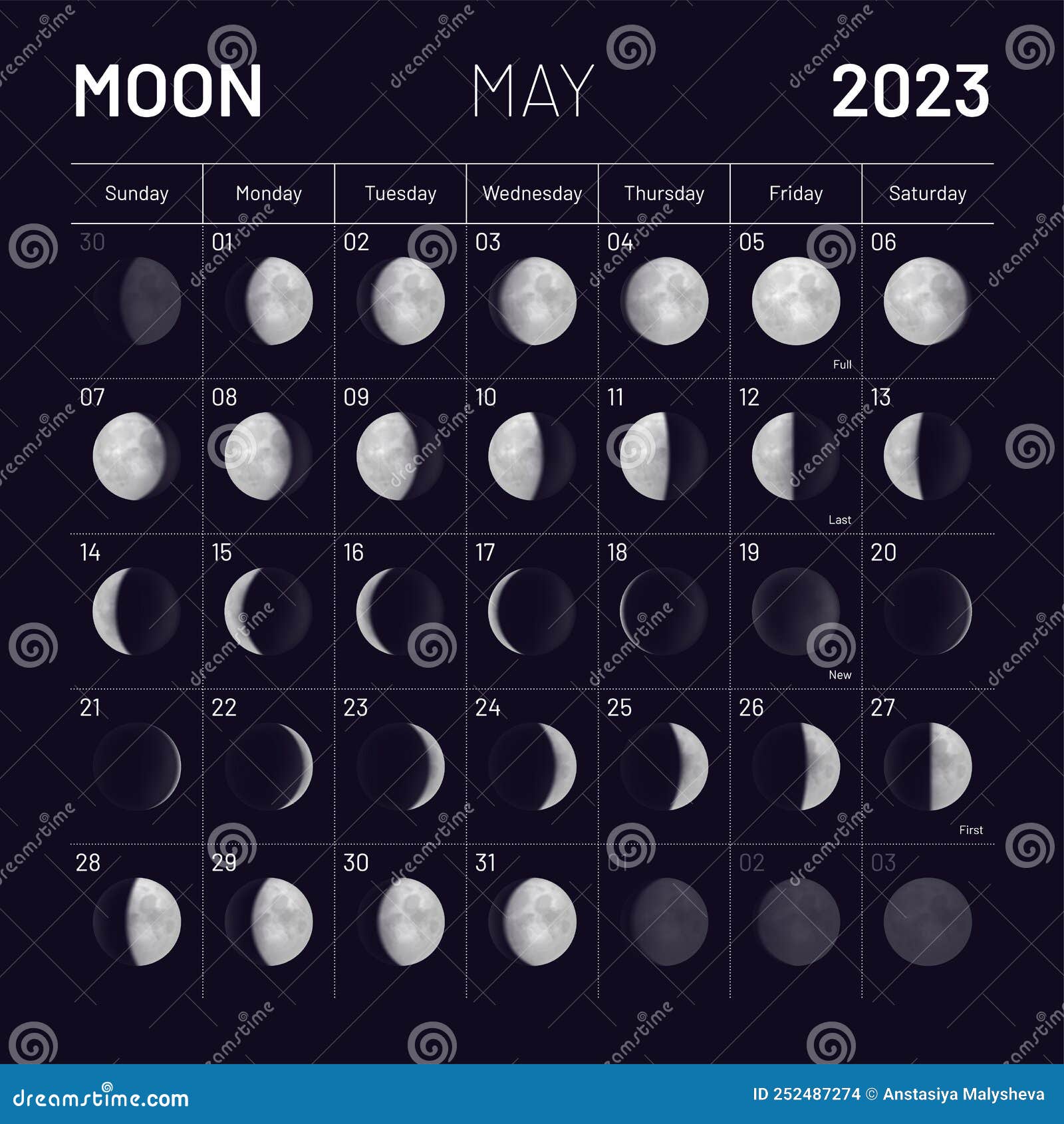 May Lunar Calendar For 2023 Year, Monthly Cycle Planner Stock Illustration - Illustration Of ...