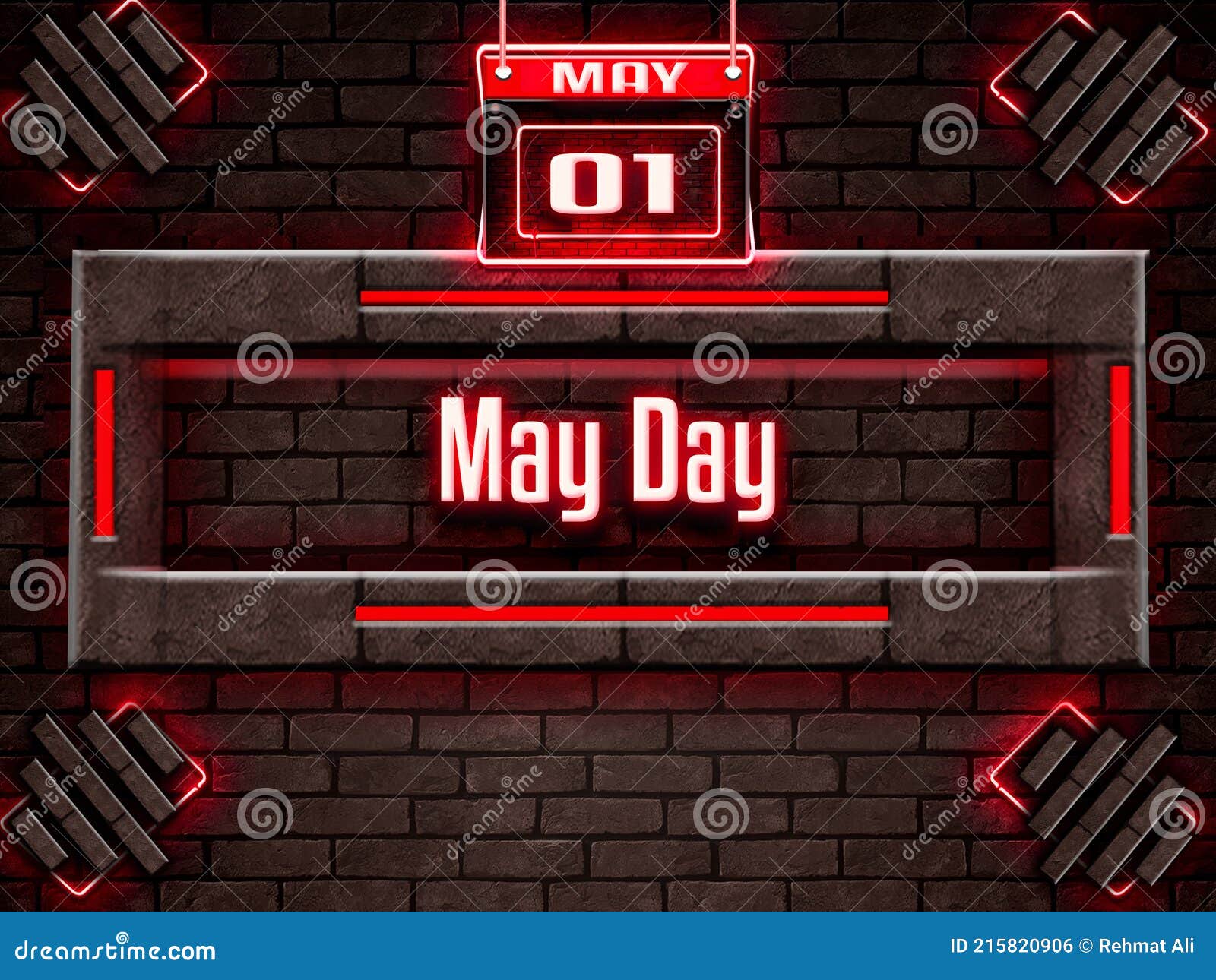 01 May, May Day, Neon Text Effect on Bricks Background Stock