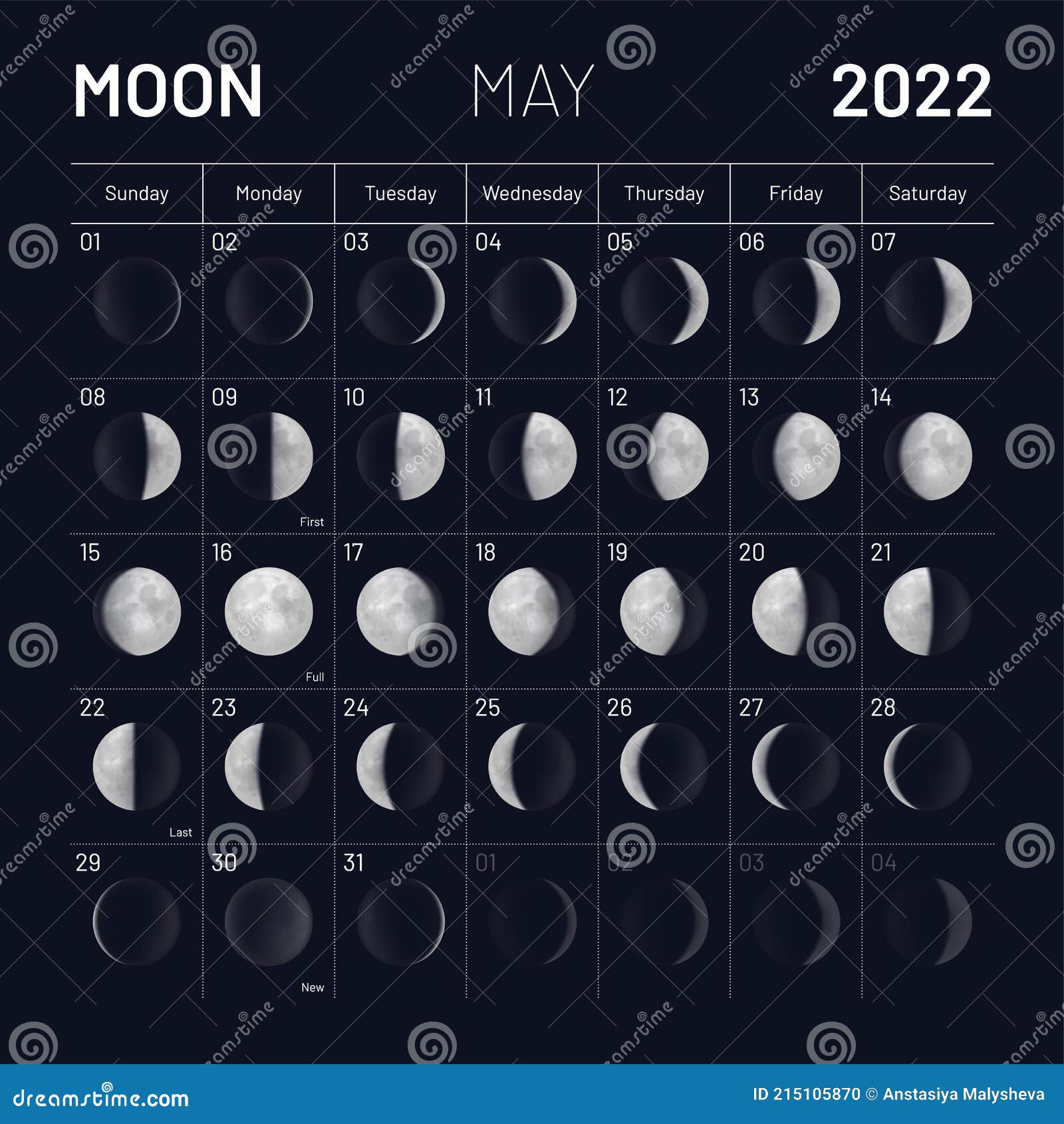 May Moon Phases Calendar on Dark Night Sky Stock Vector - Illustration ...