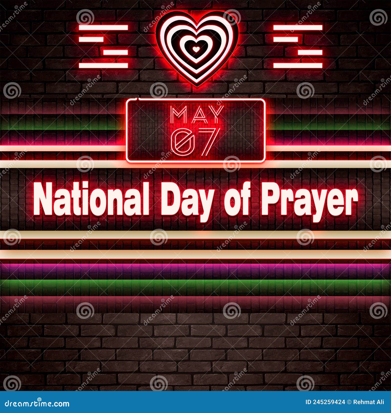 07 May, National Day of Prayer, Neon Text Effect on Bricks Background